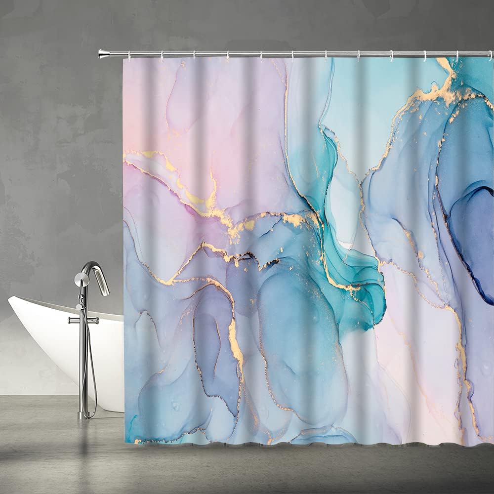 Abstract Marble Shower Curtain Blue Pink Teal Purple Texture Luxury Modern Stripes Ombre Granite Liquid Watercolor Colorful Art Pattern Fabric Bathroom Curtains Decor Set with Hooks(70" WX70H)