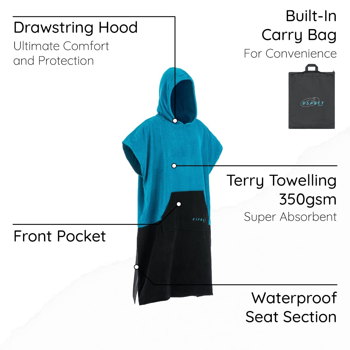 Osprey Poncho à Capuche pour Enfants - Peignoir de Plage pour garçons et Filles de 6 à 12 Ans - pour Le Surf, la Natation, Le Paddle - avec Protection de siège imperméable et Design estowaway