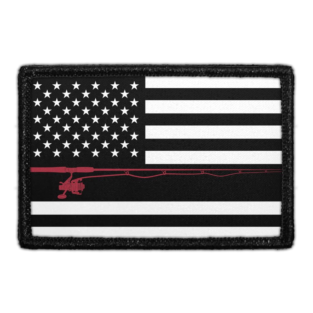 US Flag - Fishing - Black and White Morale Patch | Hook and Loop Attach for Hats, Jeans, Vest, Coat | 2x3 in | by Pull Patch