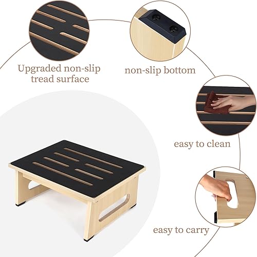 Miniatura 26 de Taburete de un solo paso para adultos mayores con superficie de goma antideslizante, taburete de madera resistente con escalones de cama de Marrón