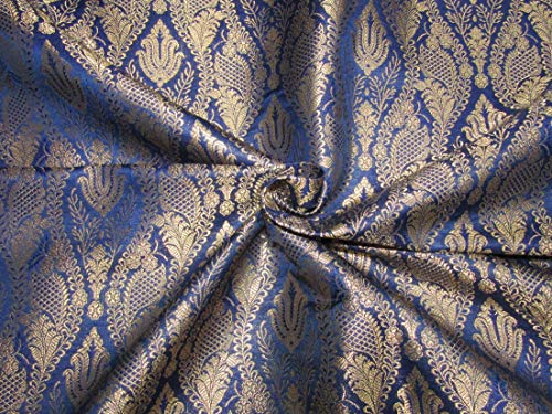 Tissu brocart de soie bleu marine or métallisé 44 pouces BRO713 au yard