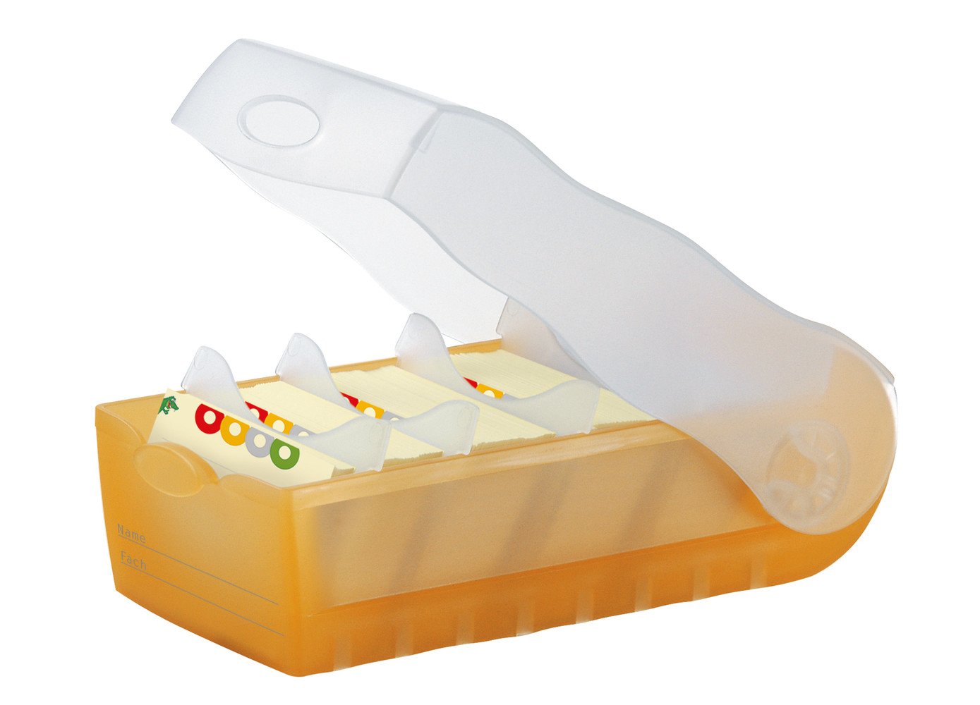 HAN 997 Karteibox CROCO DIN A7 quer mit 5 Stützplatten und 100 Karten (transluzent-orange, 3 Boxen Spar-Set)