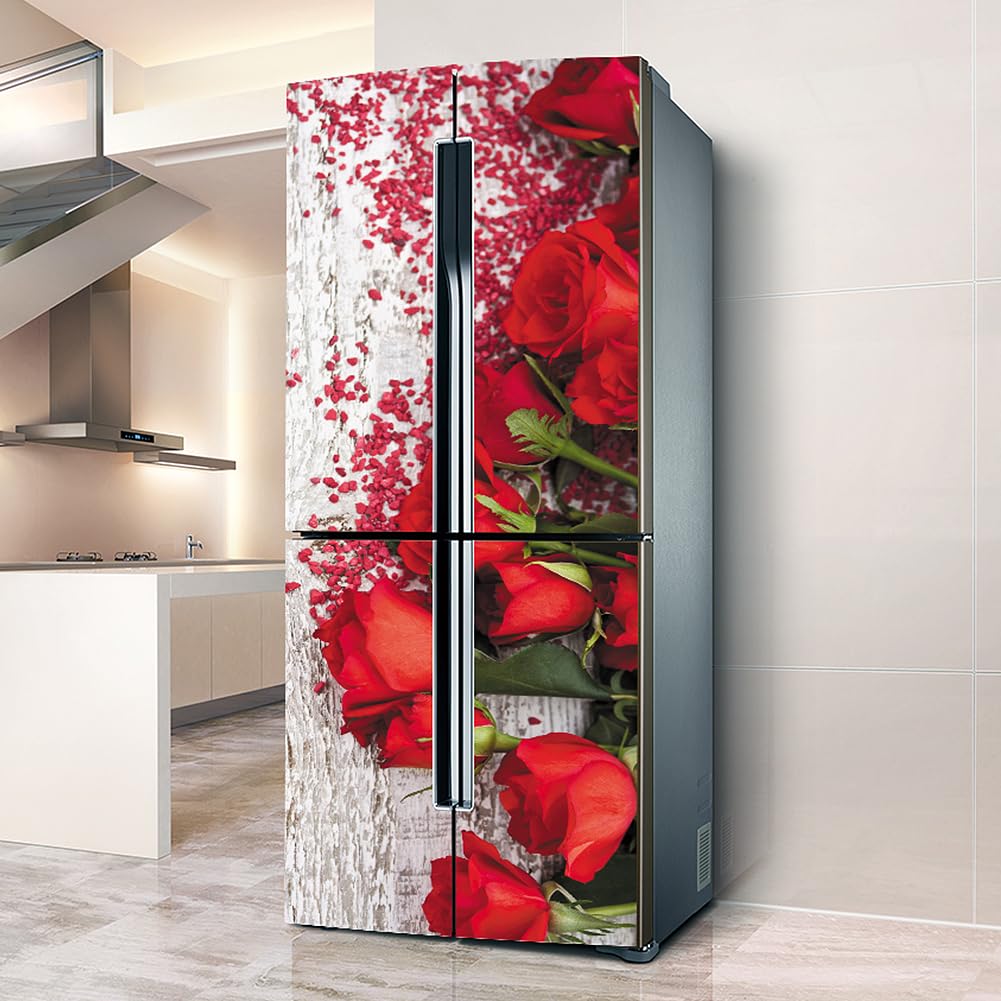 Targawerelax Red Fridge Wraps Kitchen Fridge Stickers Cover Full Doors, Fridge Sticker Full Covering Door Fridge Covers Skins Wall Stickers For Kitchen Decal, Romantic Rose Flower