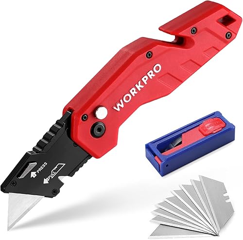 Miniatura 8 de WORKPRO Cuchillo utilitario plegable, cortador de caja con clip para cinturón, hoja de cambio rápido, mango de nailon ligero, pelacables y gancho