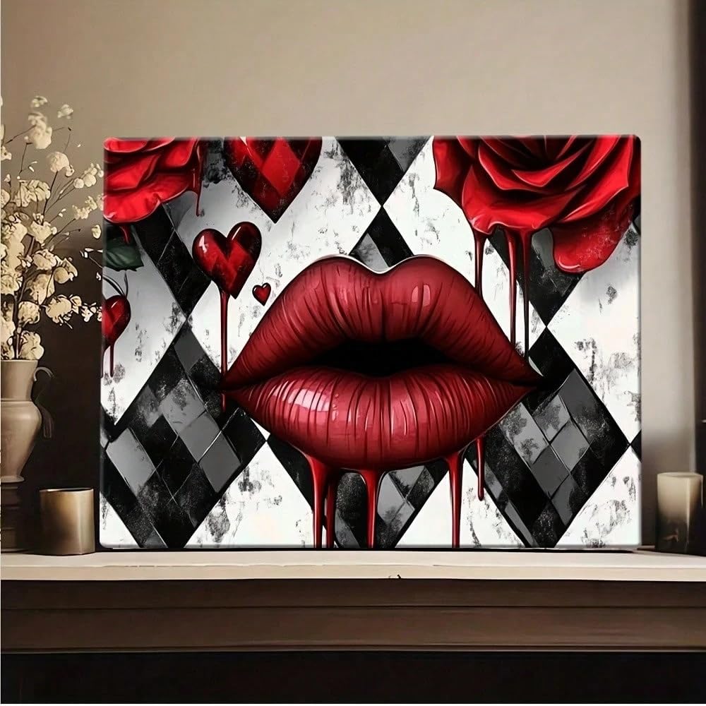 TZKBDMA Black And White Canvas Painting, Red Lip Wall Art Printed Poster Living Room Decoration(21x30cm/Without frame)