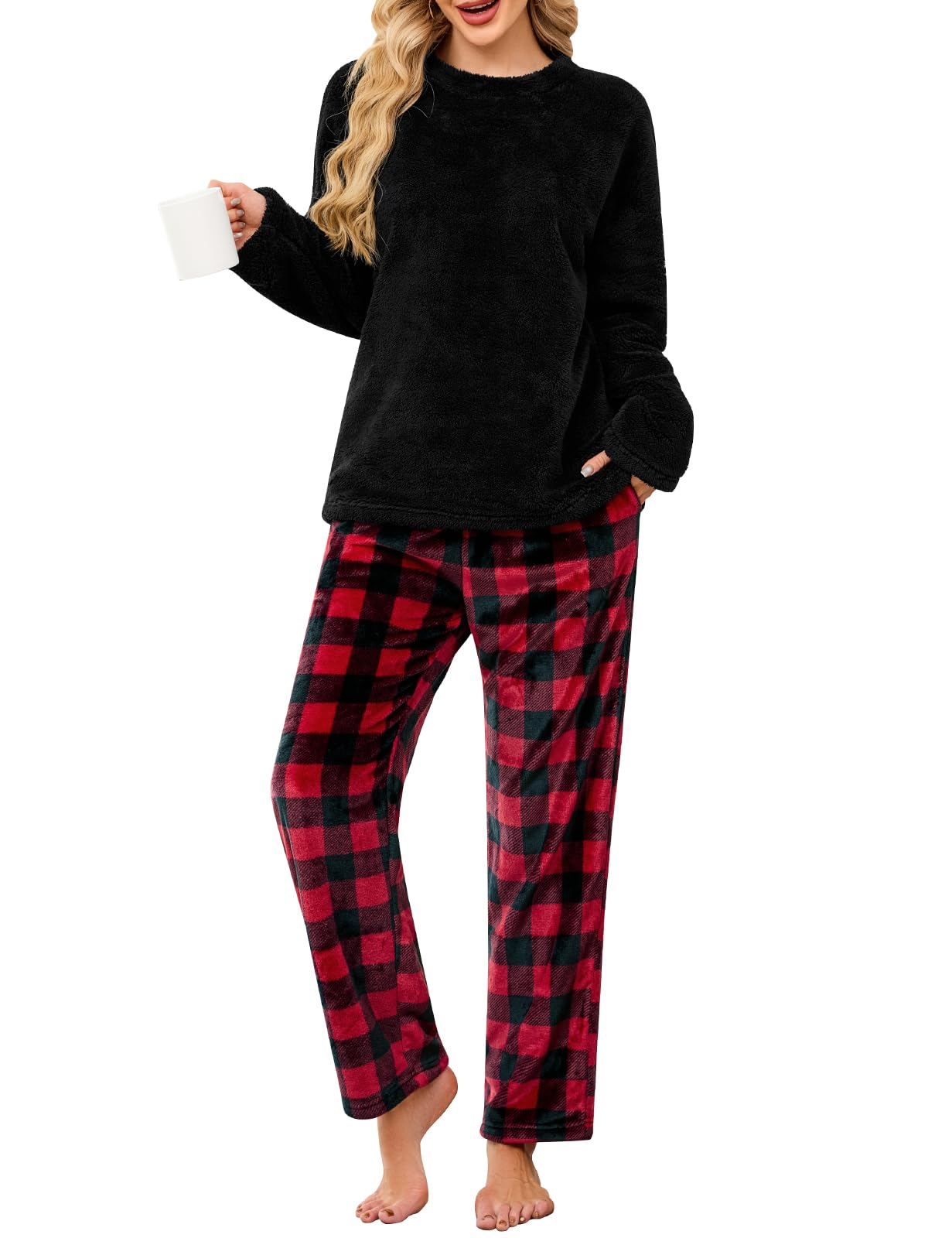 Niwicee Pigiama Invernale Pigiami Due Pezzi da Donna Pile Set Invernale in Velluto Felpa Pigiama Natalizio Morbido Lounge Nightwear per Inverno con Felpa e Pantaloni