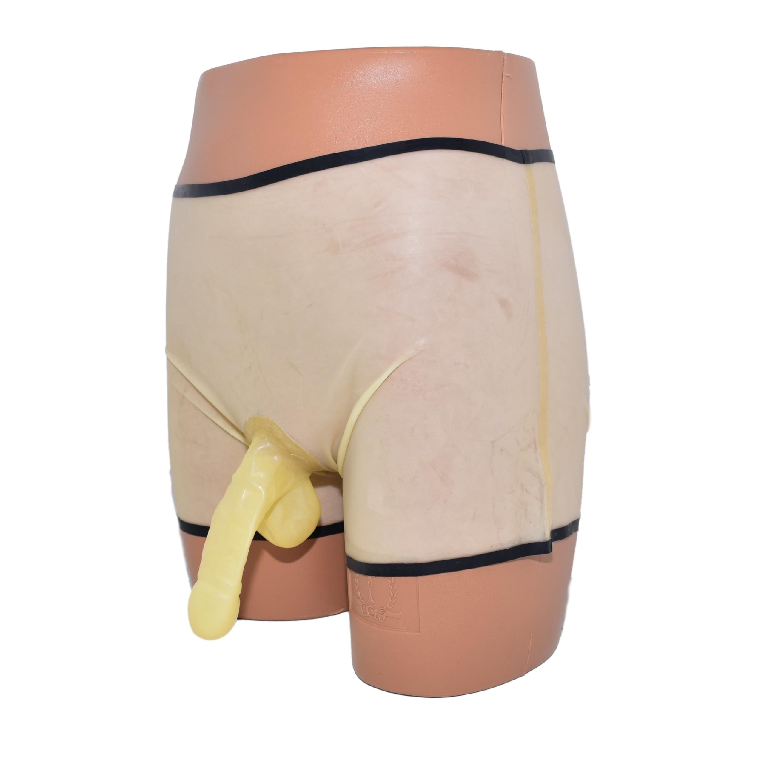 Pantalones cortos de látex con borde y condón. Talla: XXL, Transp., XXL