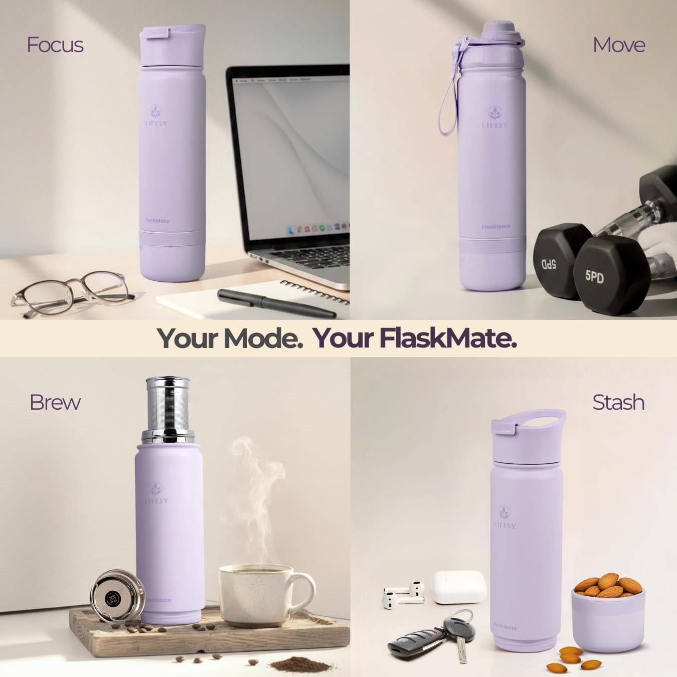 Tea Infuser Bottle & Cold Brew Travel Bottle – 18oz Insulated Flask with Storage, Filter & Dual Lids – For Work, Wellness & Gym – FLASKMATE All-in-One System (Mystic Lilac) - Image 5