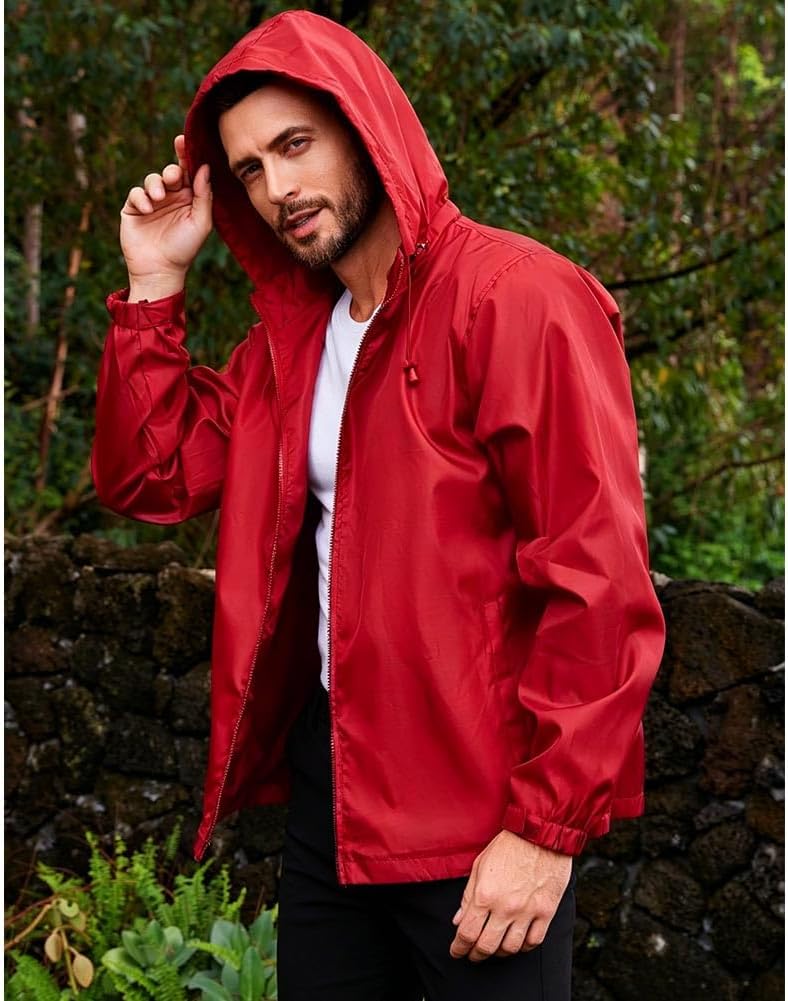 Mens Lightweight Windbreaker Waterproof Rain Jacket with Removable Hood