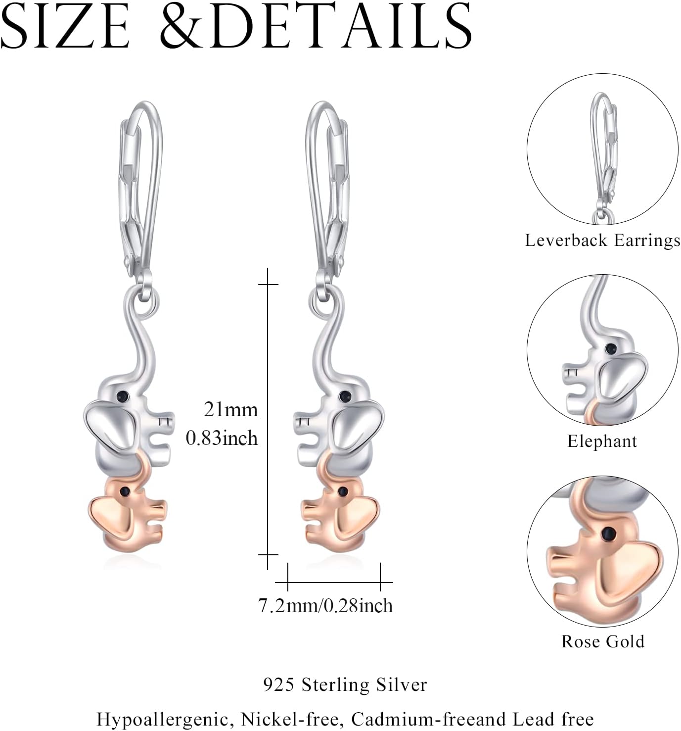 Elephant Earrings for Women Sterling Silver Mother Daughter Elephant Earrings Dangle Drop Rose Gold Elephant Earrings Hypoallergenic Elephant Jewelry for Mom Wife Girls Mother's Day