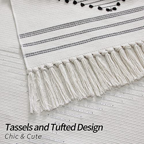 Mitovilla Boho Bathroom Rug 2'X4.3', White Farmhouse Runner Rug For Bedroom, Vintage Tribal Kitchen Rugs, Geometric Bath Mat With Tassel, Washable Cotton Woven Living Room Throw Rugs #TOP3