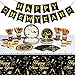 Happy New Year Party Supplies Tableware Set, Serves 24 Guests Including New Year Plates Cups Napkins Forks Knives Spoons Tablecloth and Celebration Banner for Black and Gold Year Party Decoration