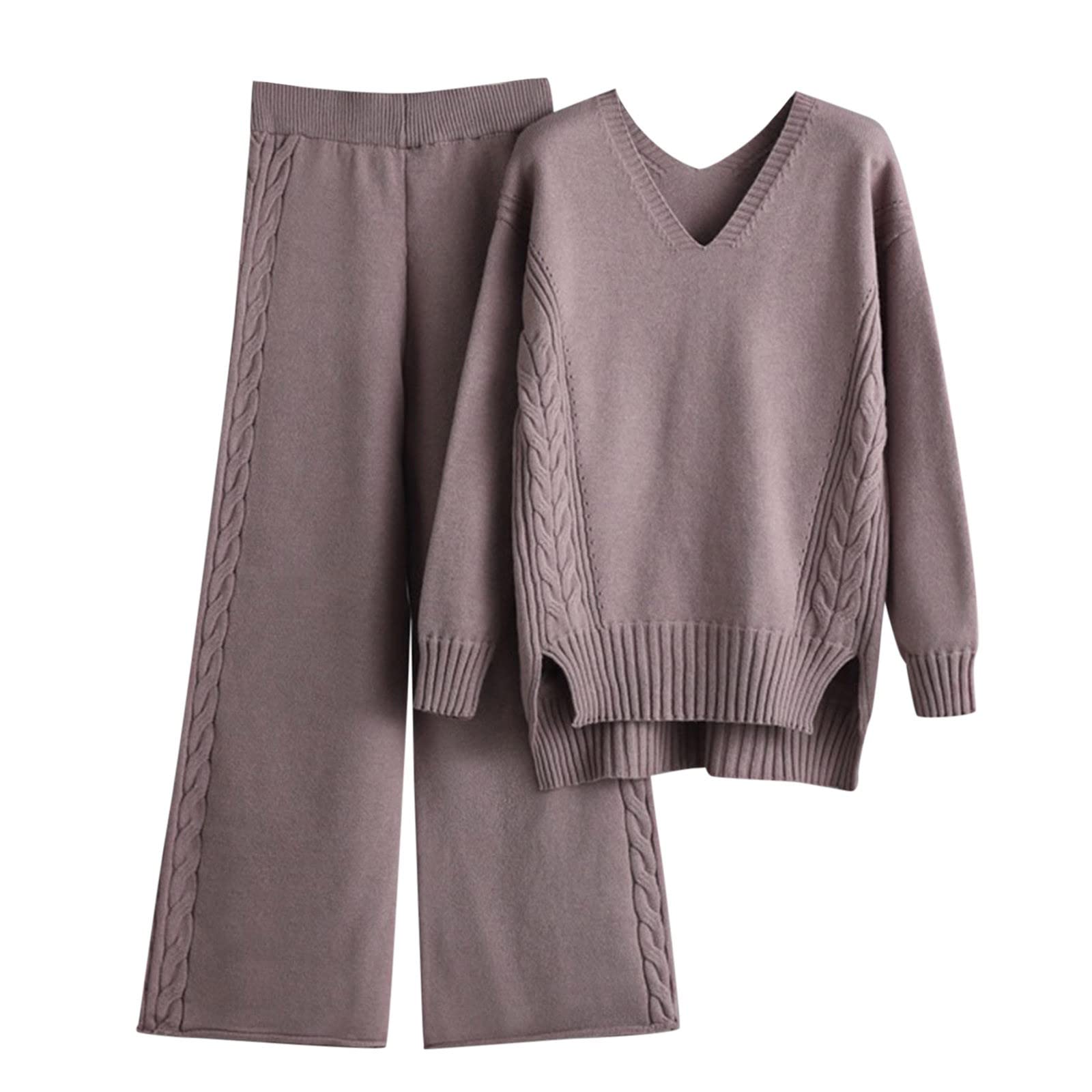 Damen Strick-Zweiteiler Set - Rollkragenpullover & Weite Strickhose Als Gemütlicher Hausanzug