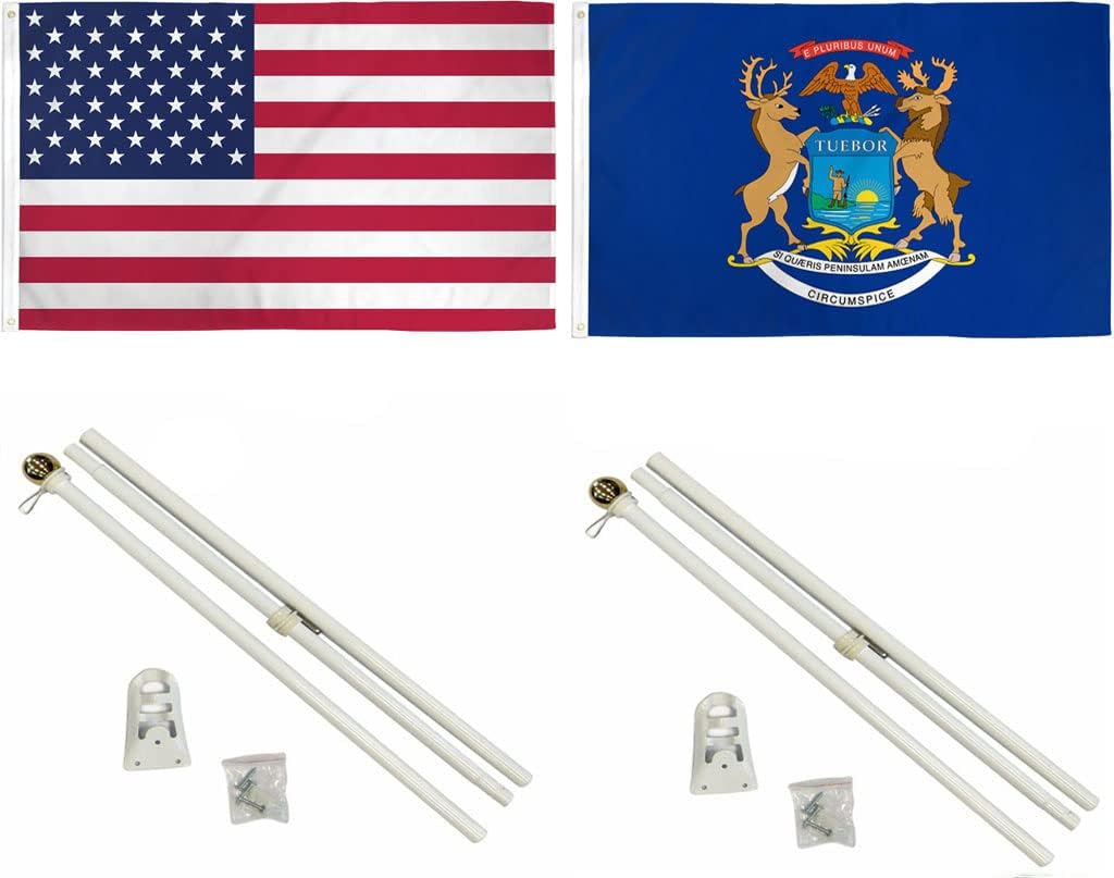 AES 3x5 3'x5' USA American w/State of Michigan Flag w/Two 6' White Flagpole Pole Kits Ball Topper