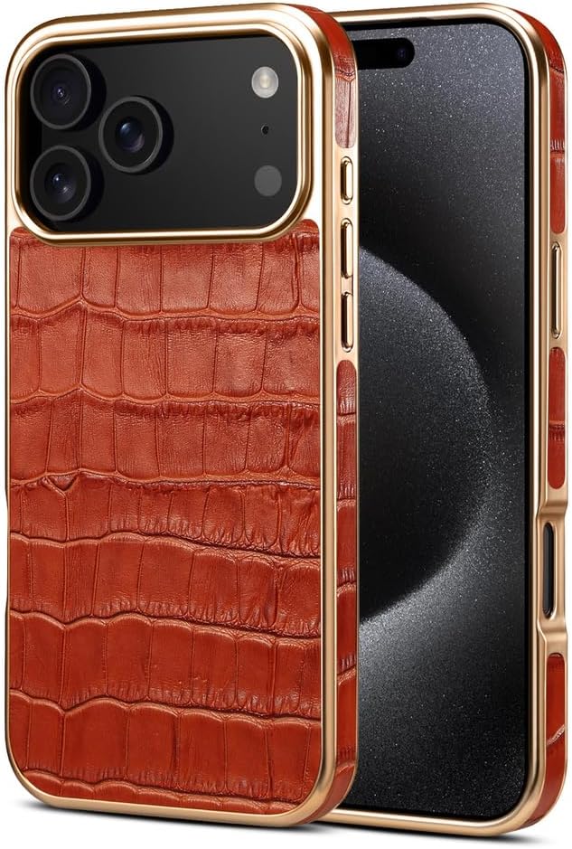 Genuine Leather Case for iPhone 17 Pro Max/17 Pro/17 Air/17, Luxury Electroplated Business Crocodile Texture Protective Cover A (17 Pro,Black)