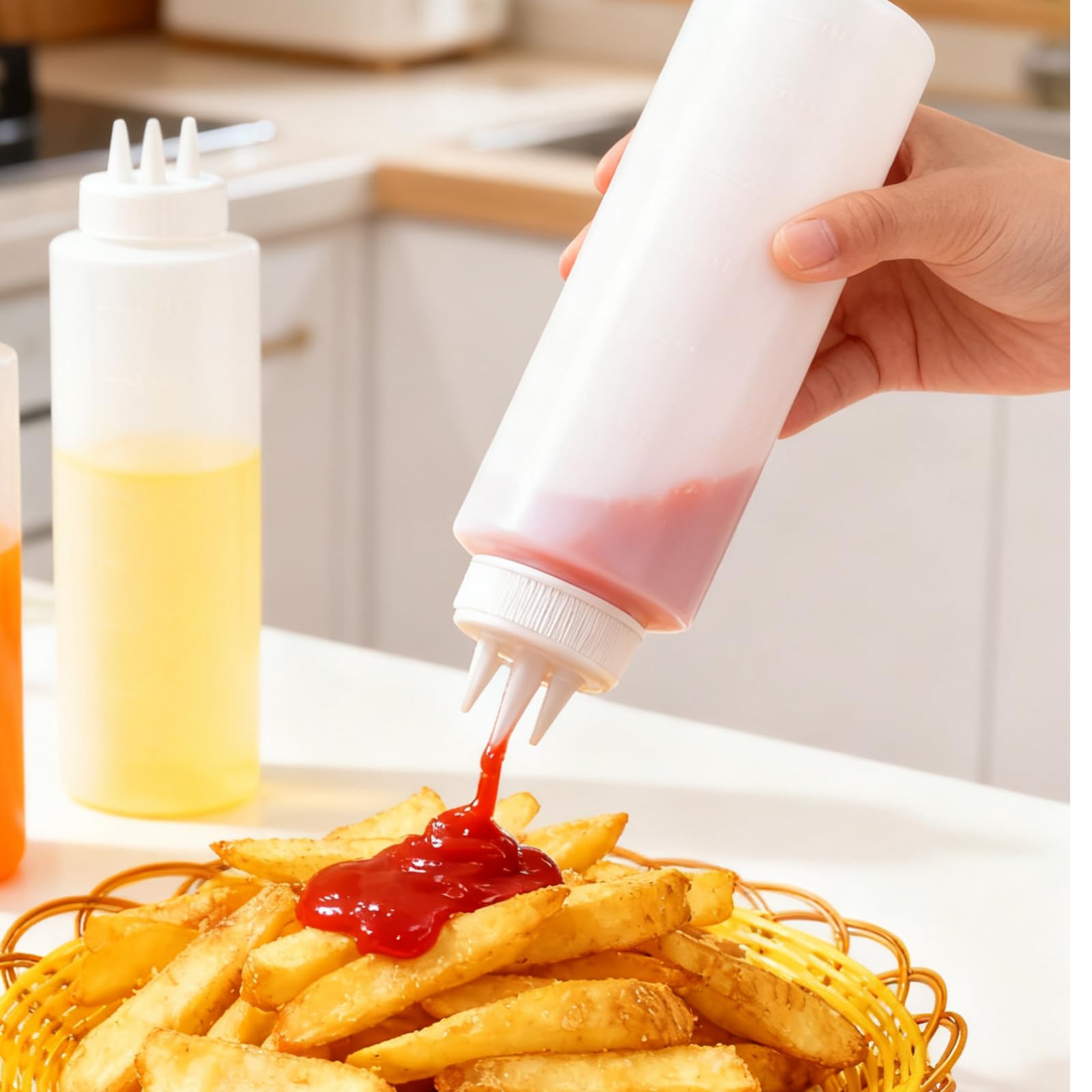JEUIHAU Confezione da 6 bottiglie da spremere a 3 fori, in plastica, da 1000 ml, con dosatore per salse, ketchup, senape, salsa piccante