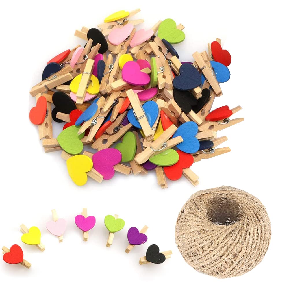 100Pcs Mix-color Mini Wooden Clothespins, Multicolor Small Clothespins with Heart, 3cm Heart Photo Clips, Tiny Clothes Pins with String for Photos Display, DIY Craft, Wedding & Baby Shower Decor
