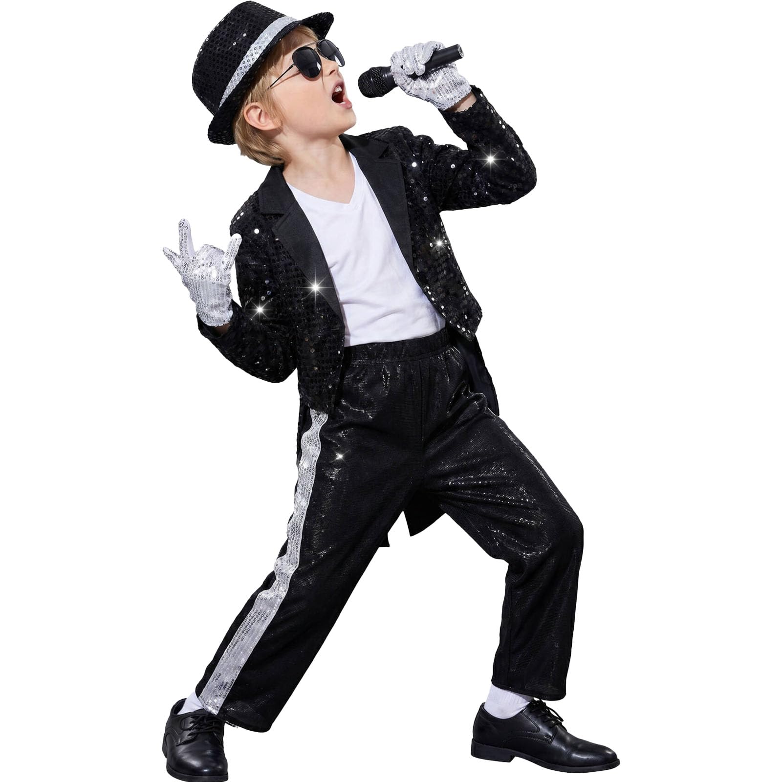 Kids Costume Pinstripe Suit Outfit Sets Jacket Pants Gloves Sunglasses Hat Sets Stage Party Halloween Cosplay Dance Wear 80s Disco Outfit Pop Star Stage