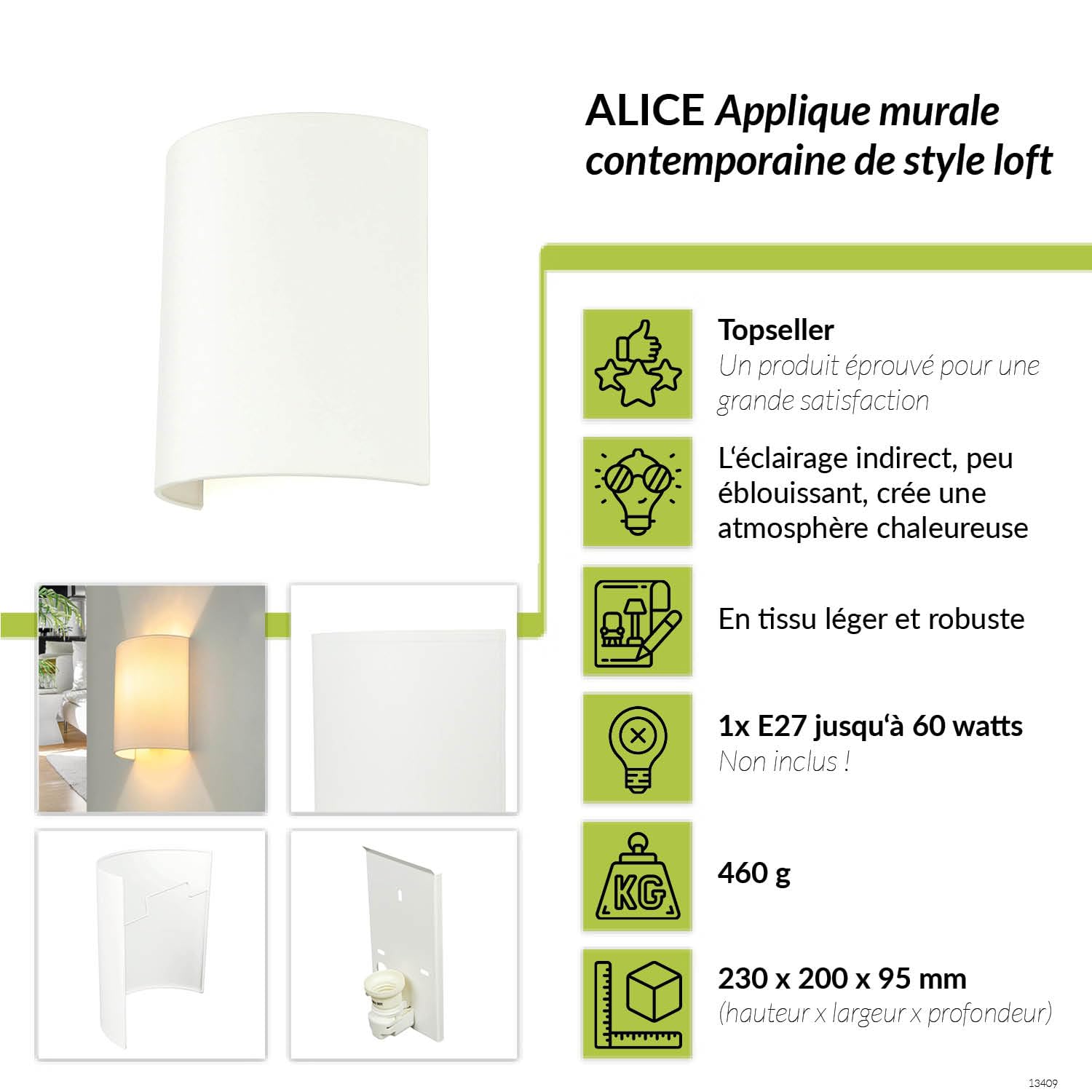 Binnen wandlamp, stof, wit, up-down armatuur, weinig verblinding