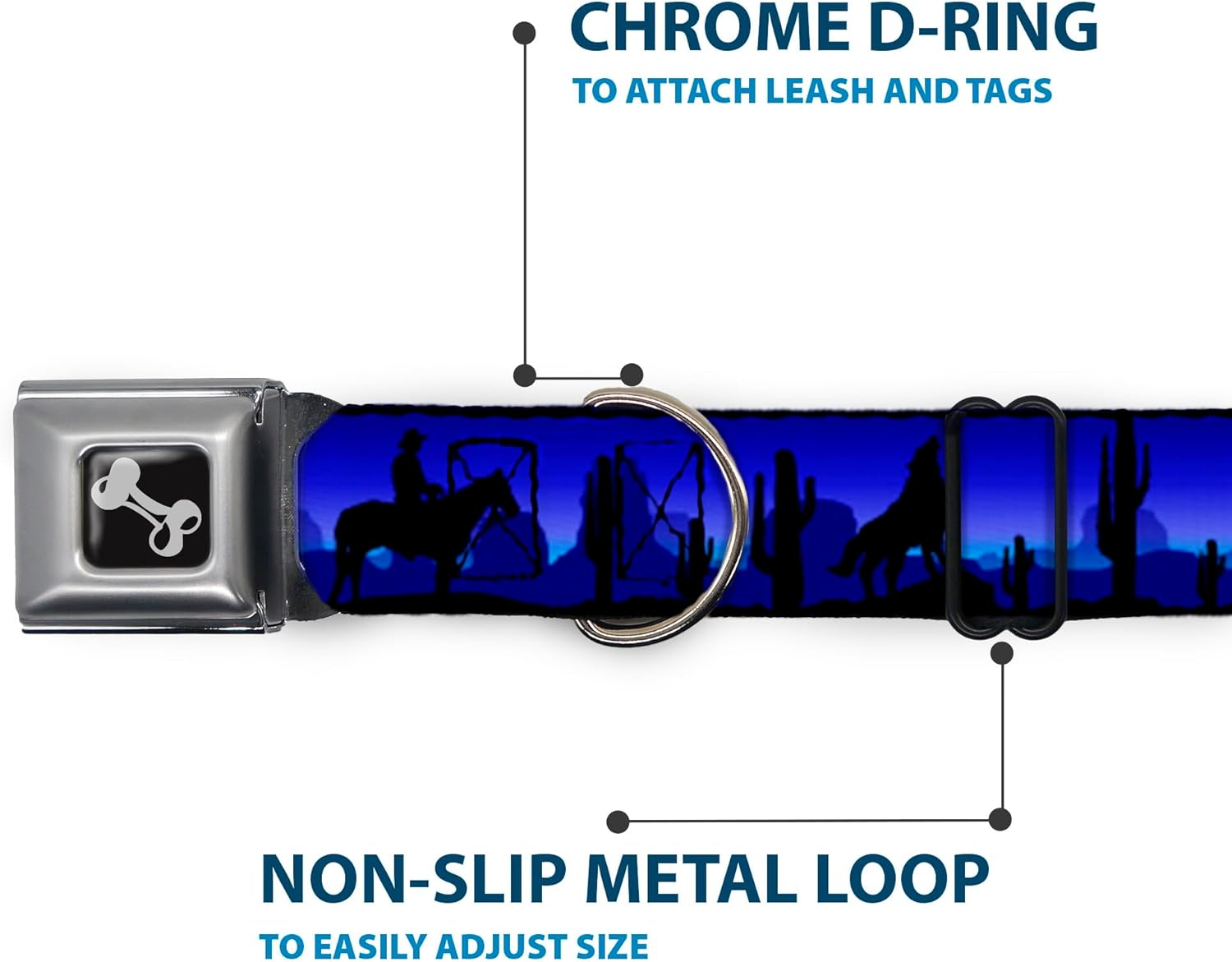 Dog Collar Seatbelt Buckle Cowboy Coyote Silhouettes Western Landscape Blues Black 11 to 17 Inches 1.0 Inch Wide (DC-W35553-M)
