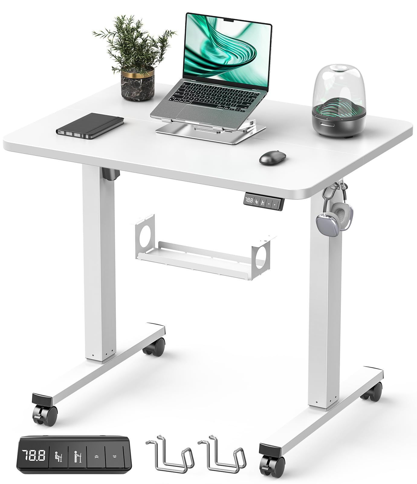 Höhenverstellbarer Schreibtisch 80 x 60 cm, Schreibtisch Höhenverstellbar Elektrisch für Home & Office, 2-teilige Tischplatte, Weiß