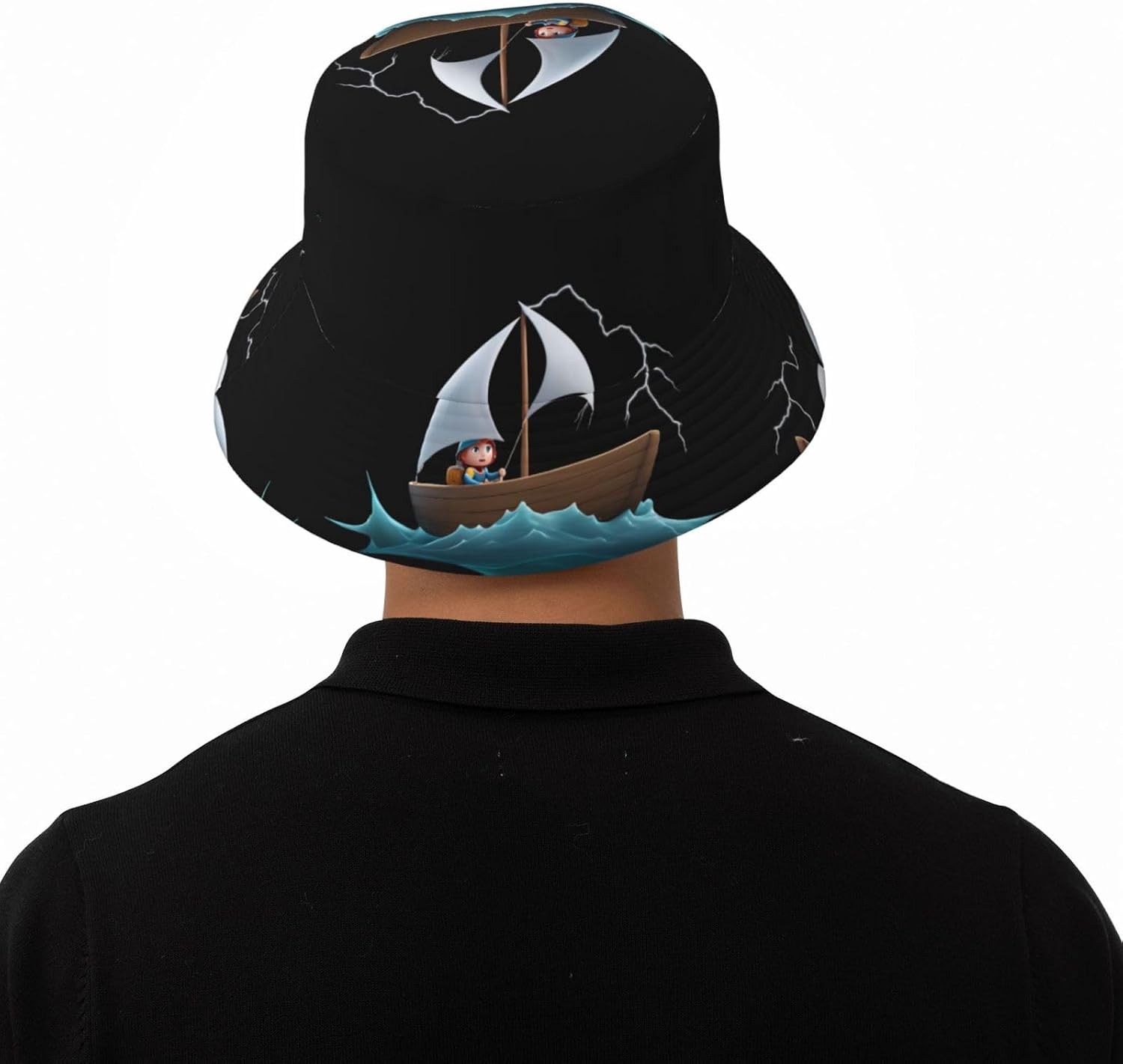 Small Sailboat in The Waves Prints Summer Outdoor Travel Bucket hat, a Beach Sun hat Suitable for Both Men and Women Black