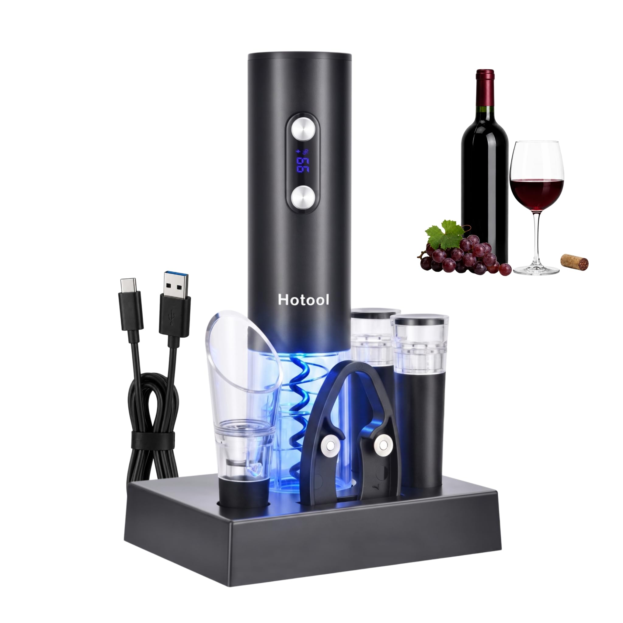 Hotool Wiederaufladbarer elektrischer Weinöffner Geschenkset mit LED-Display | Automatischer Typ-C wiederaufladbarer Korkenzieher; inklusive Sockel, Weinbelüfter, Folienschneider und 2 Vakuum-Stopfen.