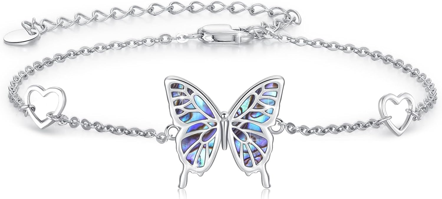Butterfly Bracelet for Women 925 Sterling Silver Butterfly Bracelet Adjustable Bracelet with Opal/Abalone Butterfly Jewelry Gift for Women