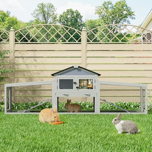 COZIWOW Large 92IN Outdoor Rabbit Hutch with 3 Run Boxes Weatherproof Bunny Cage with Asphalt Roof & Sunlight Panels Hands-Free Clean Tray & Metal Wire Mesh 2-Tier Rest & for 2-3 Rabbits Grey