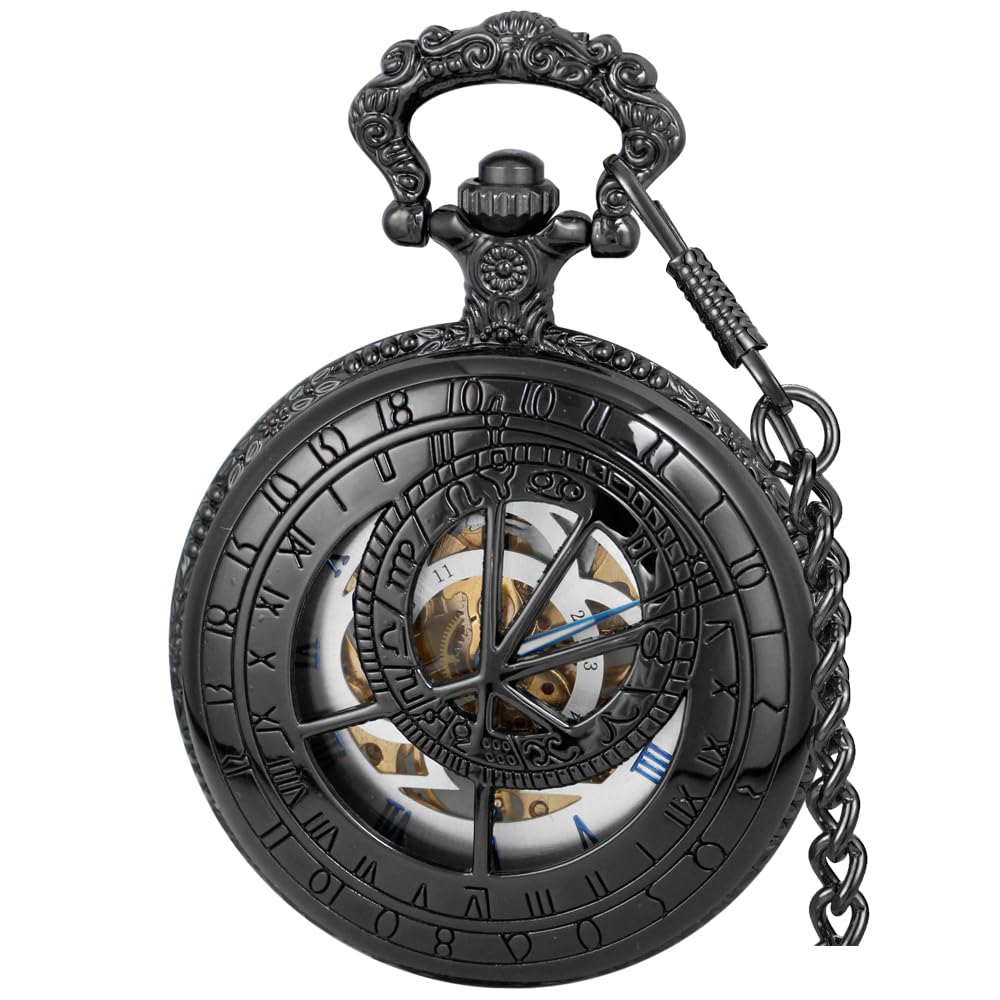 Mechanical Hand Wind Pocket Watch Roman Numerals Scale Steampunk with Chain Box
