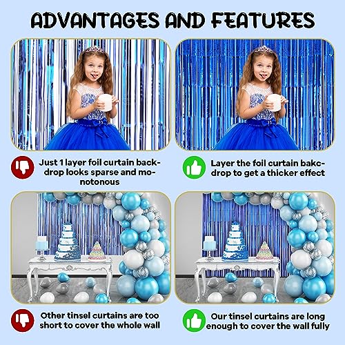 Image of Voircoloria 2 Pack Blue Foil Fringe Backdrop Curtains, Tinsel Streamers Birthday Party Decorations, Fringe Backdrop for Graduation, Baby Shower, Gender Reveal, Disco Party
