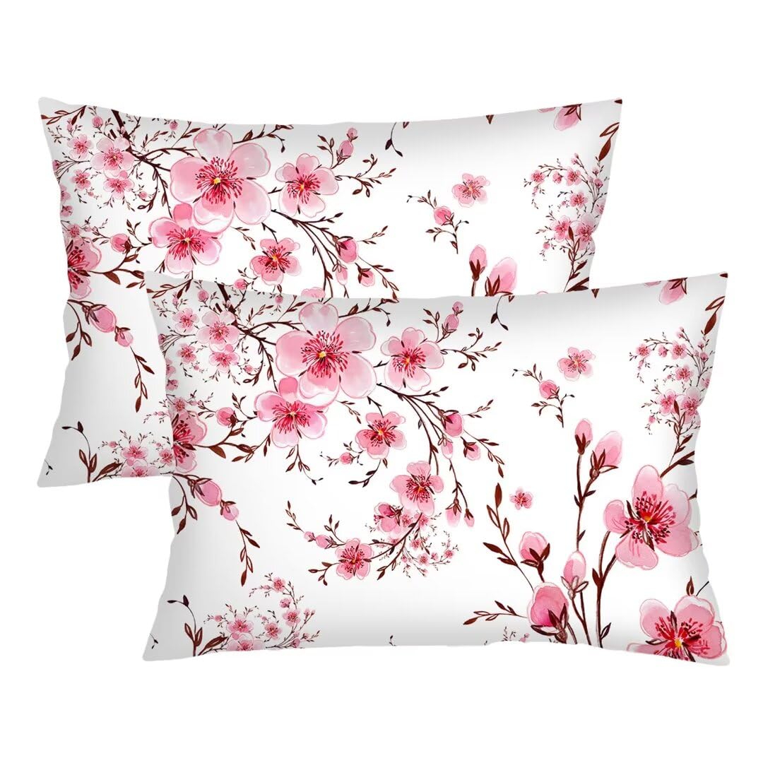 DINJUNA Floral Pillow Cover Queen Size Set of 2,Pink Lumbar Pillow Case Soft Standard Pillow Cases Protector with Zipper Decorative Bed Cushion Covers