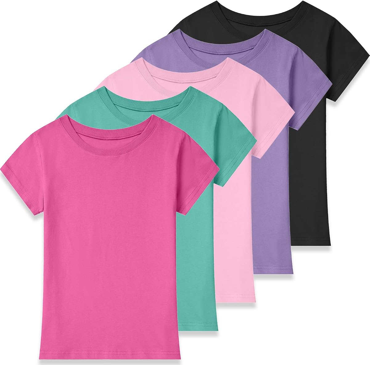 5-Pack Girls Shirts Cotton Short Sleeve Tops Kids Shirts for Girl Age 2-14Y | Short Sleeve 100%Cotton Girls T Shirts for Kids,Soft Breathable Toddler T Shirts,Basic Casual Teen Tees,Solid Girls Clothes
