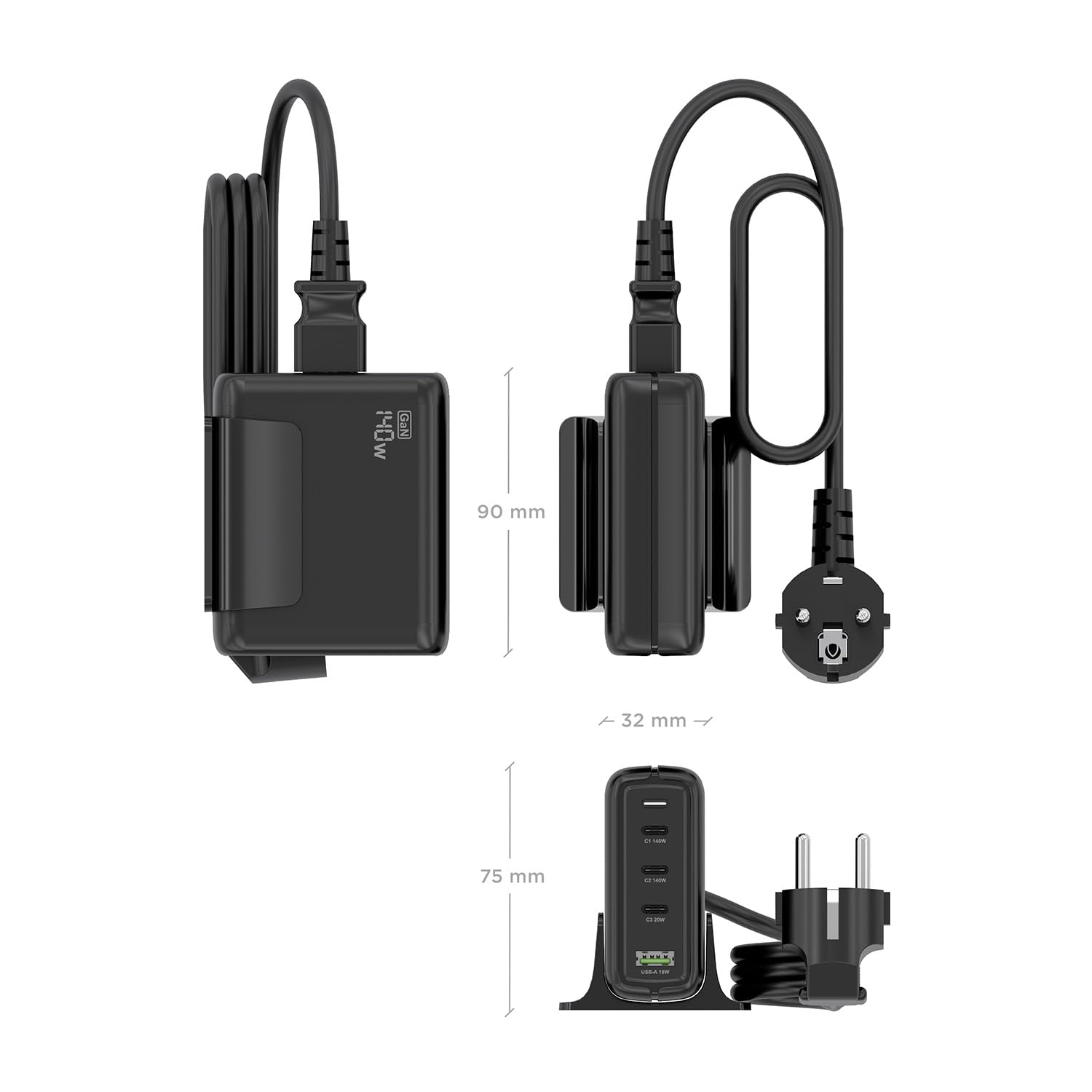 AISENS Cargador sobremesa GAN 140 W, 3 x USB-C PD3.1 QC4.0 QC5.0, 1 x USB-A QC3.0, Negro