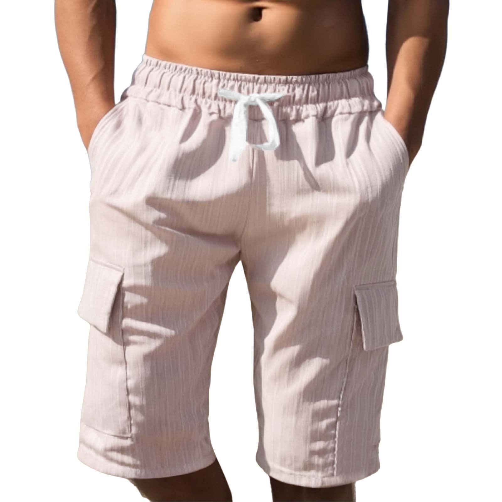Men's Linen Shorts Casual Elastic Waist Drawstring Summer Beach Vacation Yoga Golf Shorts with Pockets
