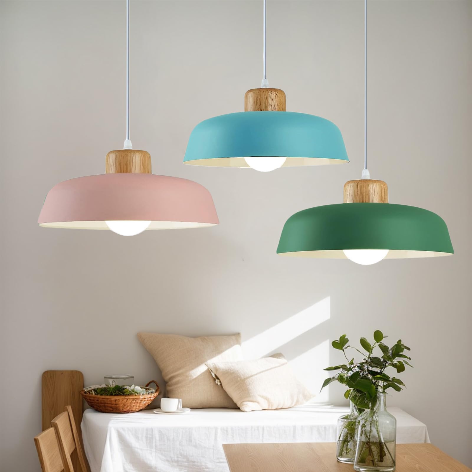 EKSED Lámpara colgante de pantalla de metal redonda de 300 mm en color macaron, lámpara colgante de techo moderna, candelabro de comedor de isla de cocina