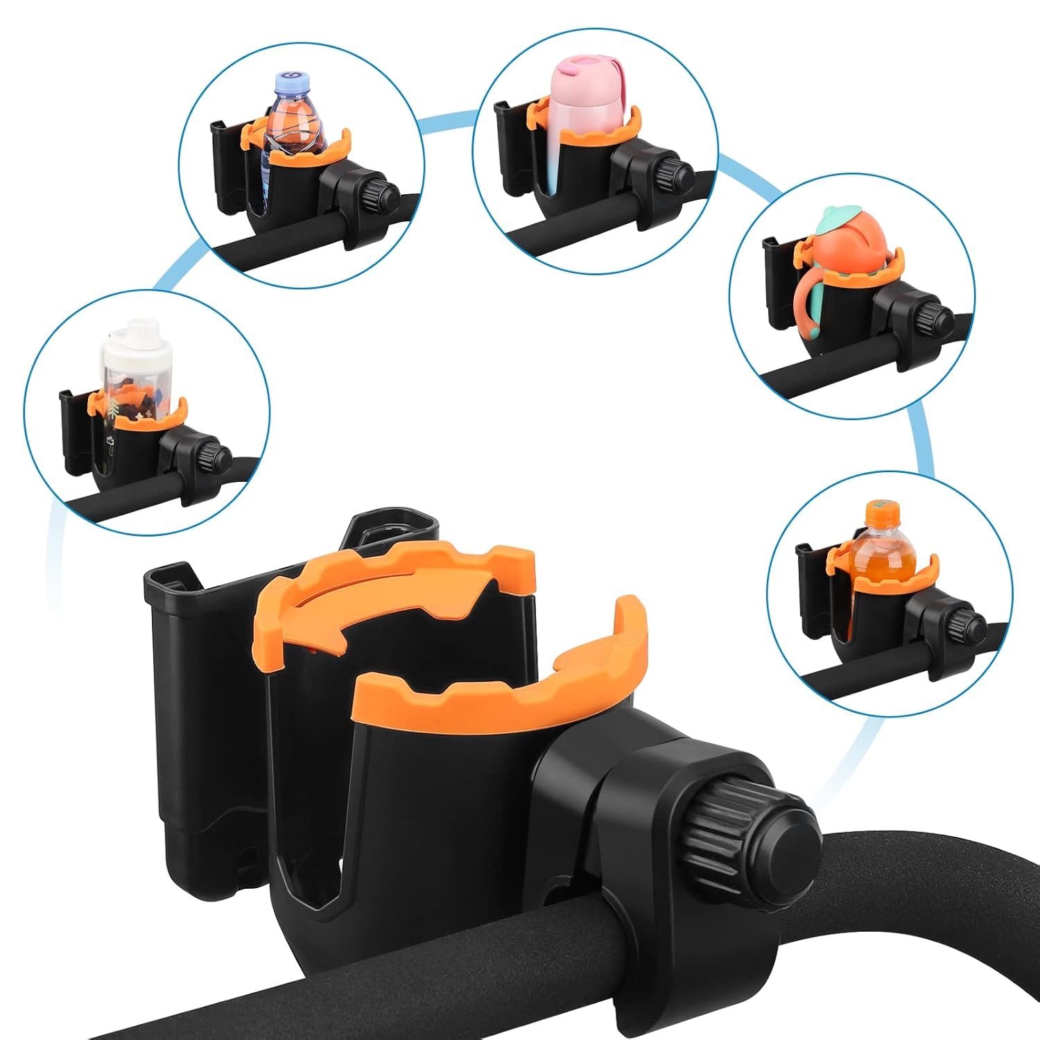 Safe-O-Kid Universal 2-in-1 Stroller Cup Holder with Phone Holder | Drink & Mobile Holder for Stroller, Bike, Walker & Wheelchair | Orange 3