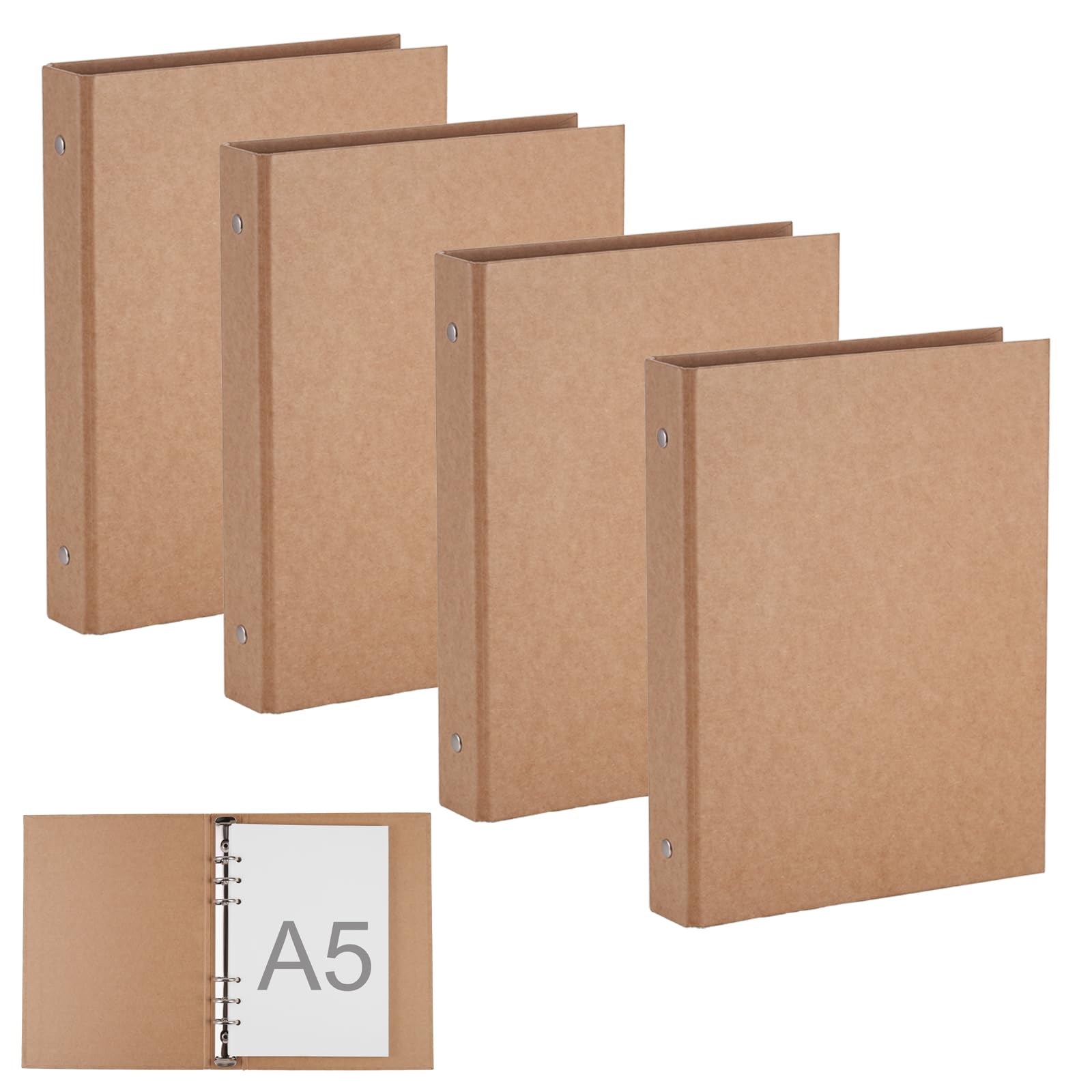 4 Pack A5 6 Ring Binder, Refillable Kraft Paper A5 Binder, a5 Folder with 80 Loose Sheets in Total for Adding & Replacing, Multi-Purpose Kraft Binders for Office School Notebook Diary Recipe Note