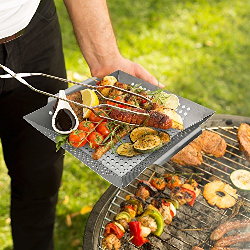 The American Grill Club Grilling Basket - Large Stainless Steel Portable Indoor Outdoor BBQ Pan - Barbeque Veggies, Kabobs or Charbroil Fish in Backyard or While Camping with Propane Gas or Charcoal - Thumbnail 3