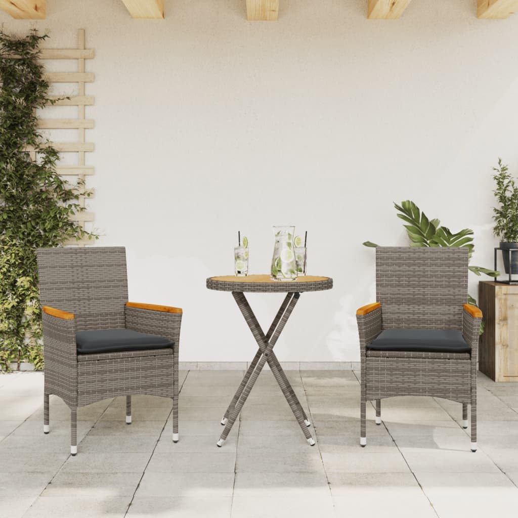 Set da 3 pezzi, grigio con cuscini in polyrattan e legno di acacia, per giardino, balcone o terrazza