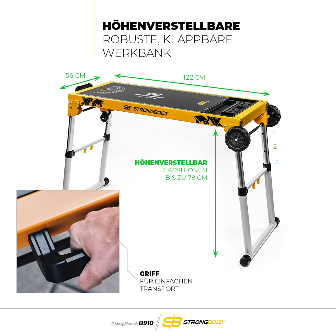 StrongBench B910 ❘ Multifunktionaler Werkstatttisch ❘ Höhenverstellbare Werkbank Werkstatt mit Höhenverstellbarer Arbeitsplattform ❘ Werkbank Klappbar ❘ Funktionalität als Handwerker-Liege