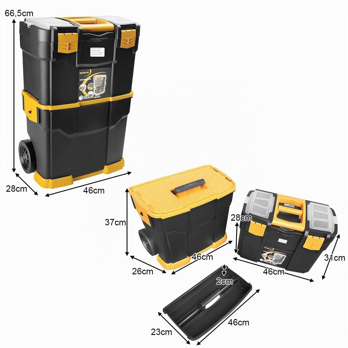 GYMAX Caja de Herramientas 3 en 1, Taller móvil con 2 Cajones de Taller, Bandeja de Almacenamiento Desmontable, Carro Apilable con Asa, Ruedas, Cierres, Negro + Amarillo, 46 × 28 × 66,5 cm