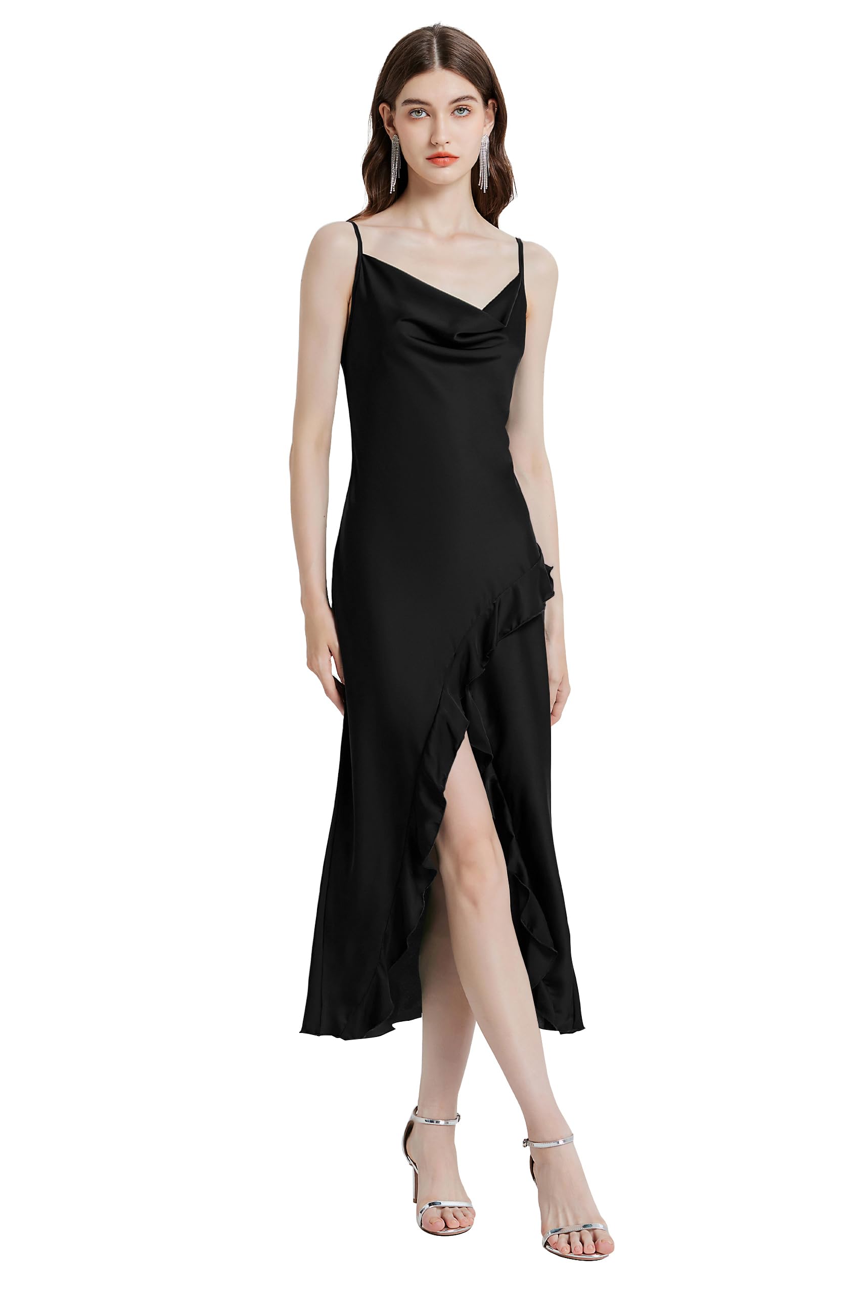 PRODESIGN Slip Dress for Women - Sleep Dress Nightgowns Silky Slit Ruffle Hem Spaghetti Strap Sleepwear Nightdress Lingerie