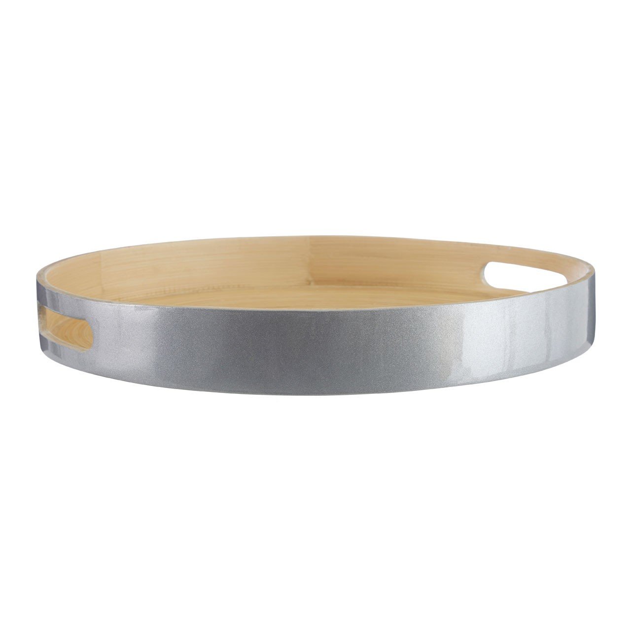 Premier Housewares Kyoto Large Round Serving Tray - Hand Spun Bamboo - Silver Finish