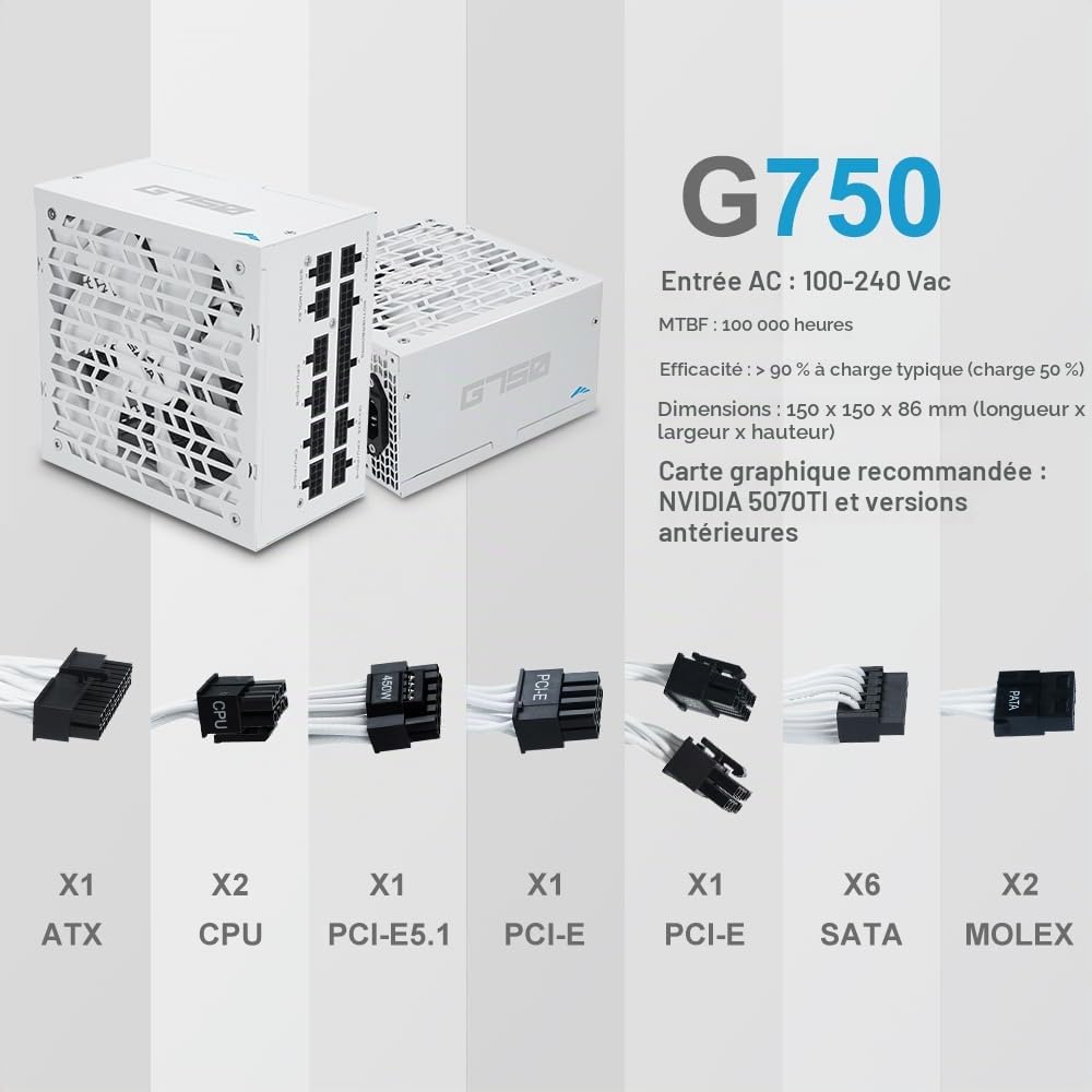 Alim SAMA G750 750W Gold, ATX 3.1, PCIe 5.1, Full Modulaire, Blanc