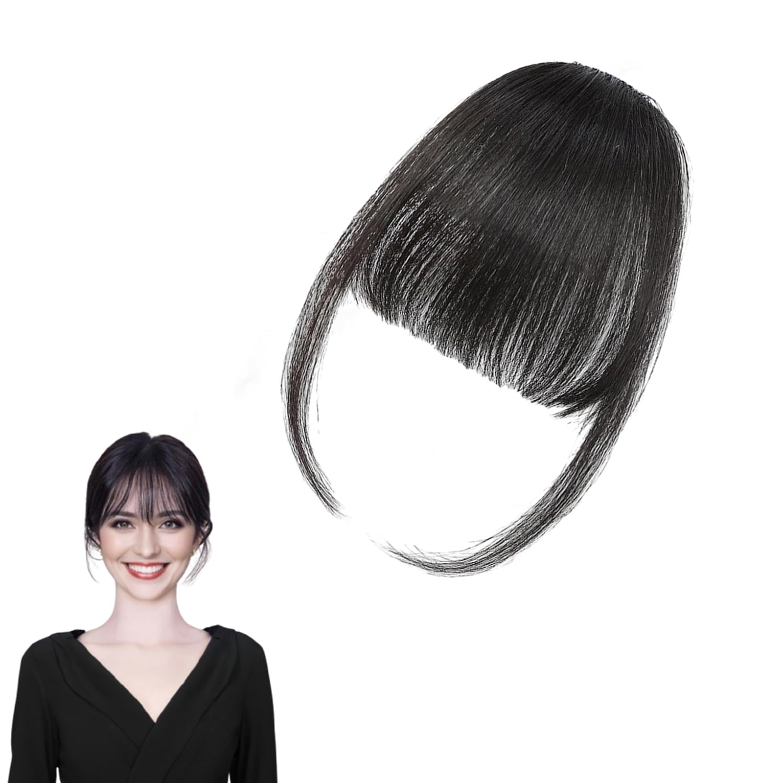 Duomama Brown Black Human Hair Clip-In Bangs Extension for Women - Wispy Fringe with Temples hair, Instant Hair Transformation