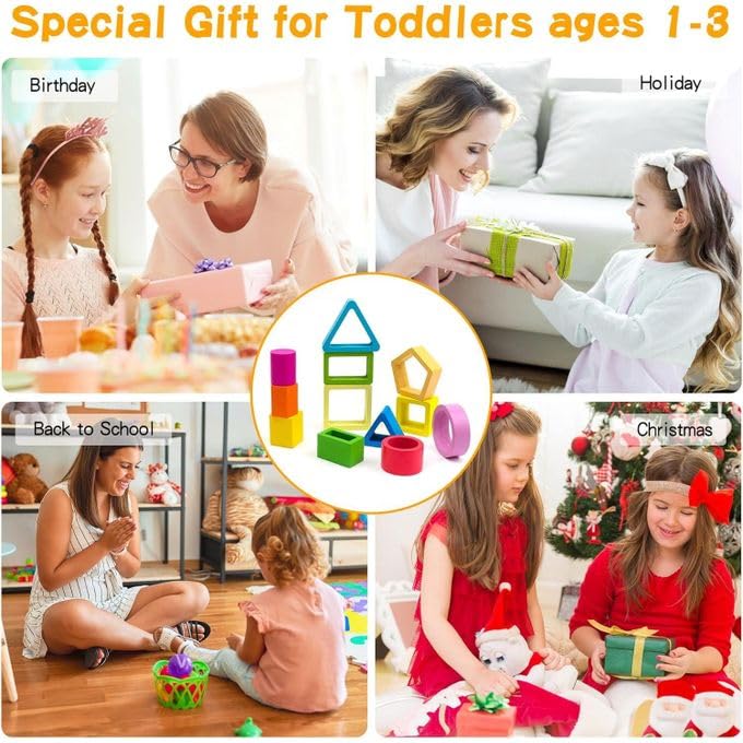 Image of SHINETOY 5-in-1 Shapes Stacker Wooden Building Blocks | Montessori Sorting & Stacking Toy for 1-3 Year Olds | Educational Color & Shape Learning Gift