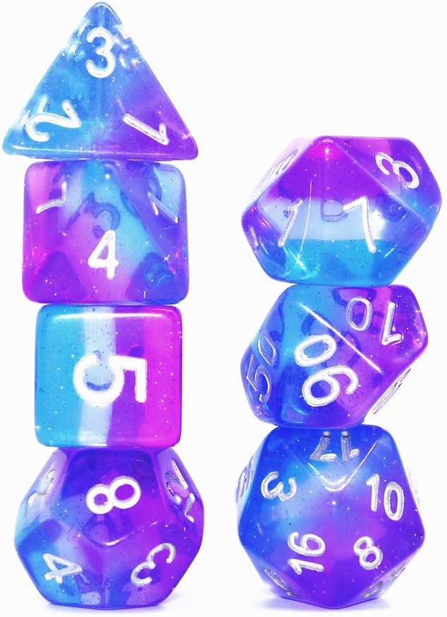 DND Dice Set,Aurora Dice RPG Polyhedral Dice Fit Dungeons and Dragons(D&D) Pathfinder MTG Tabletop Role Playing Dice with Silver Glitter (Purple-Blue Aurora)