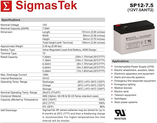 Miniatura 3 de Bruno SRE-1550 - Juego de repuesto de batería compatible con SigmasTek - 2 baterías de 12 voltios y 7.5 AmpH