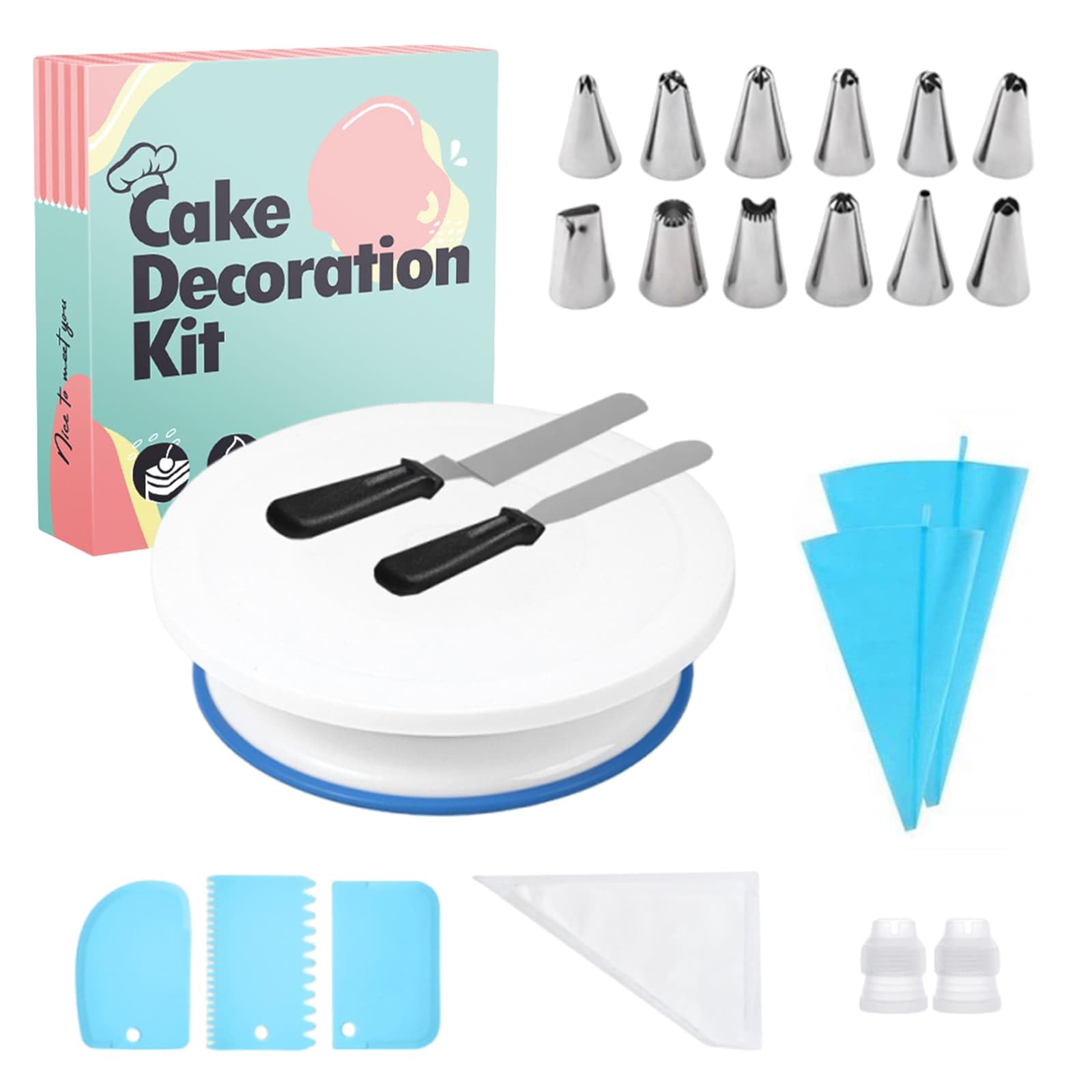 WEELOO Cake Turntable Rotating Cake Stand Kit, Baking Tools Cupcake Turntable Decoration Kit with Rotating Cakes Stand, Pipe Bag and Tip Kit, Scrapers for Baking